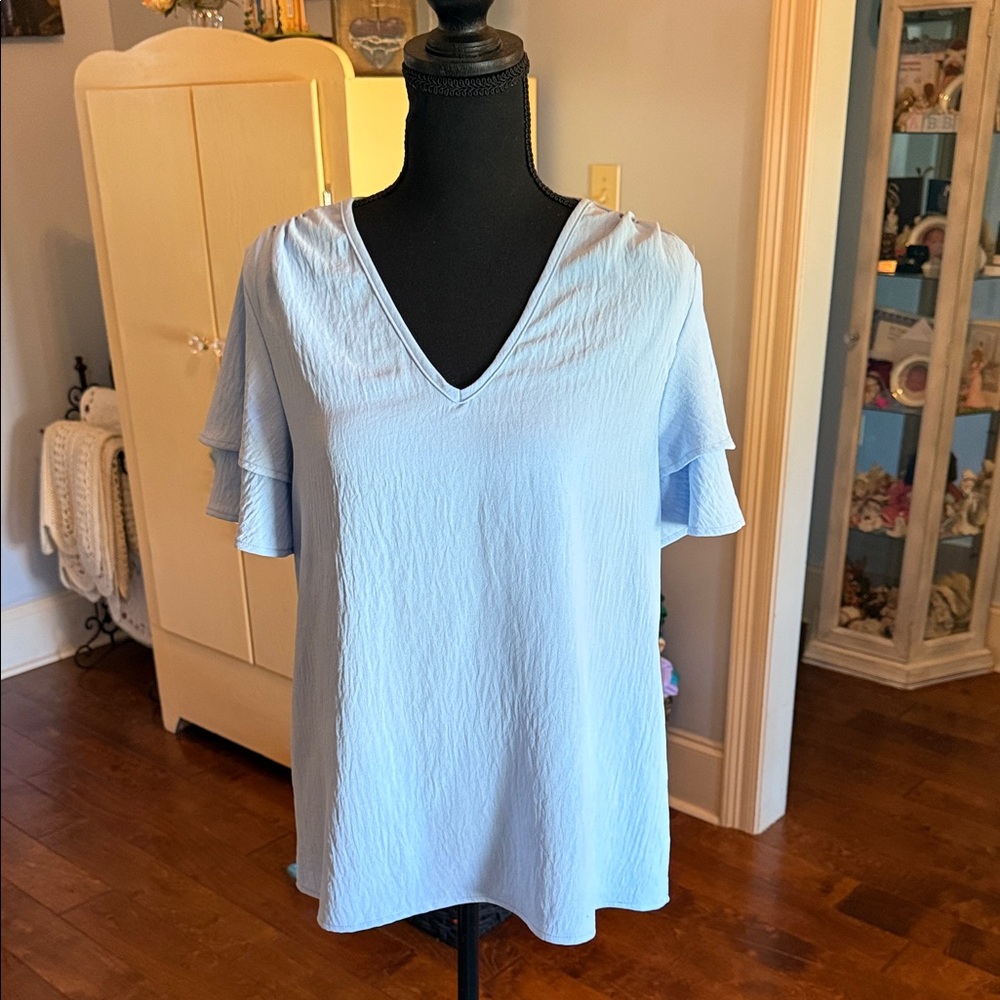 Sky Blue V-Neck Ruffle Sleeve Blouse